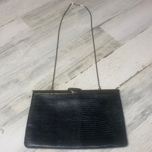 Black Genuine Leather Small Clutch Chain Gold